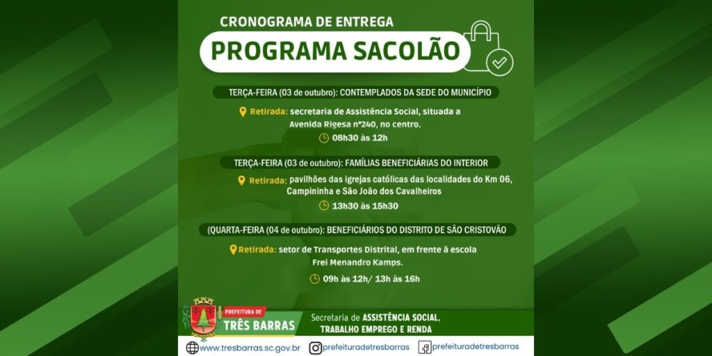 CESTAS BÁSICAS DO PROGRAMA SACOLÃO SERÃO ENTREGUES NA TERÇA E QUARTA-FEIRA, DIAS 03 E 04 DE OUTUBRO