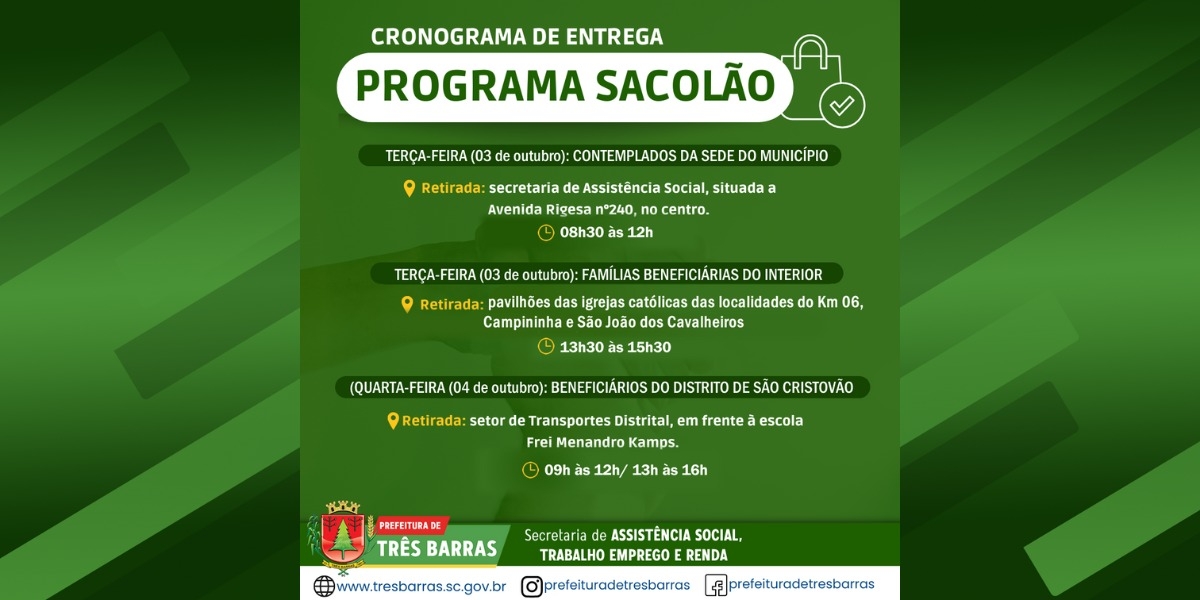 CESTAS BÁSICAS DO PROGRAMA SACOLÃO SERÃO ENTREGUES NA TERÇA E QUARTA-FEIRA, DIAS 03 E 04 DE OUTUBRO