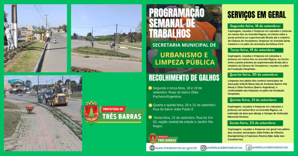 Confira a programação semanal de trabalhos da secretaria de Urbanismo e Limpeza Pública