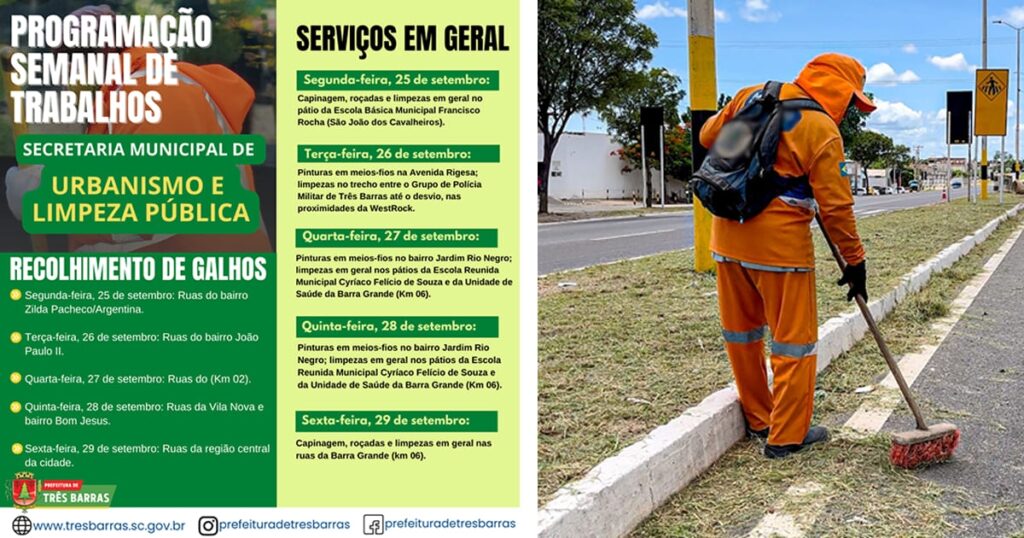 Confira a programação semanal de trabalhos da secretaria de urbanismo e limpeza pública