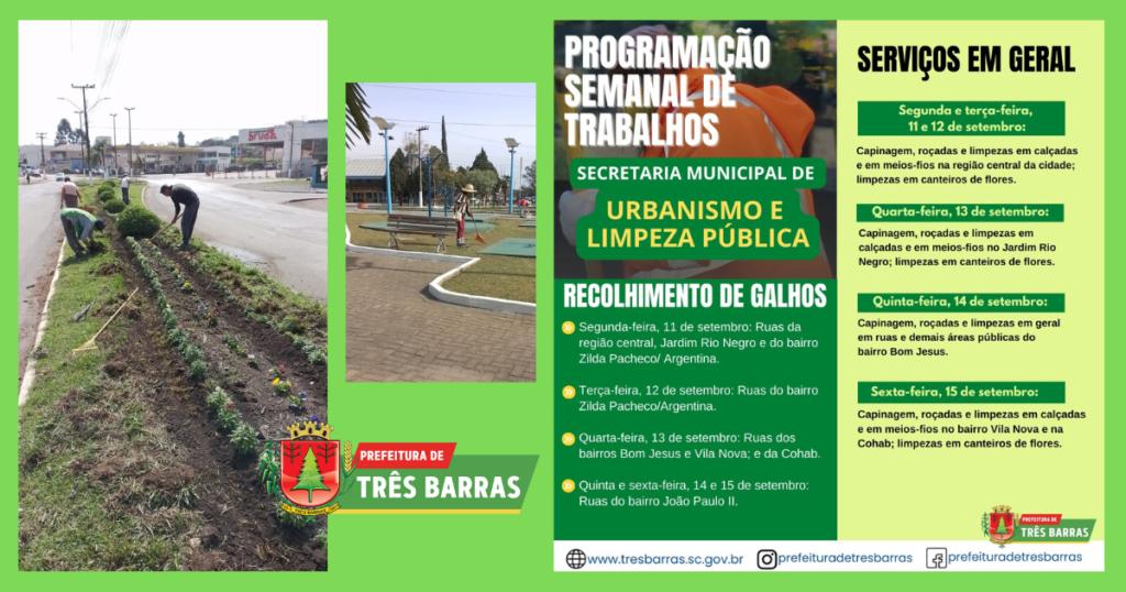 Confira o cronograma de trabalho semanal da secretaria municipal de Urbanismo e Limpeza Pública