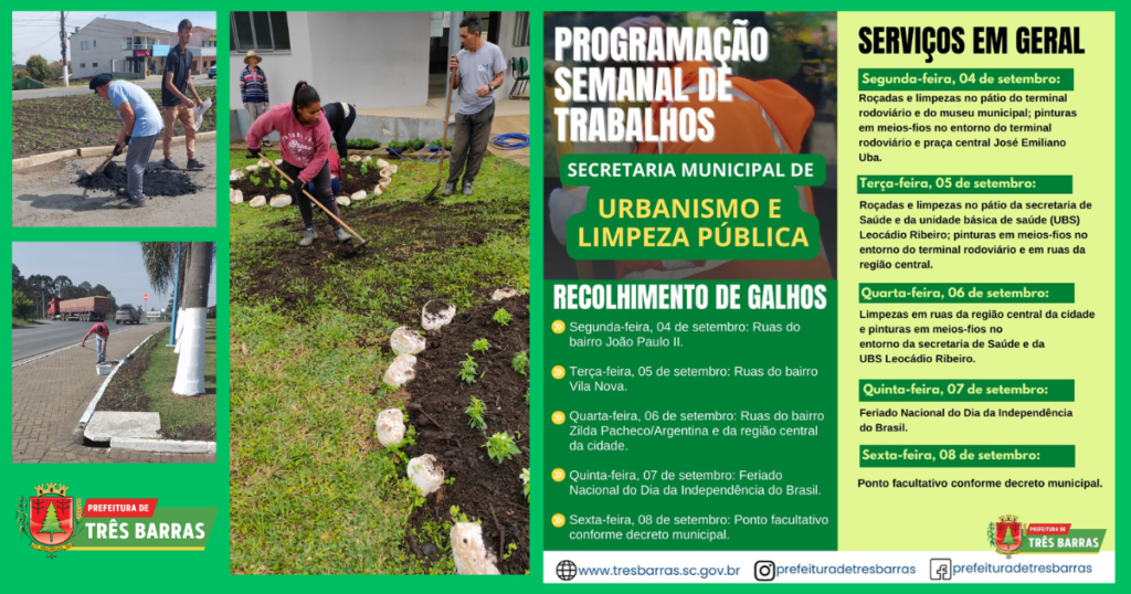 Cronograma de serviços da secretaria de Urbanismo e Limpeza Pública para esta semana na sede do município
