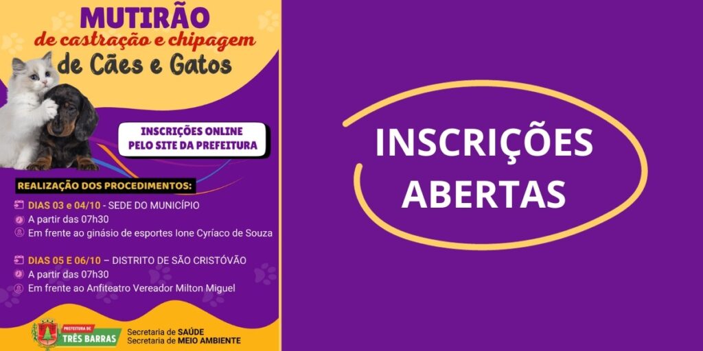 TRÊS BARRAS REALIZA MUTIRÃO DE CASTRAÇÃO SOCIAL NO INÍCIO DE OUTUBRO