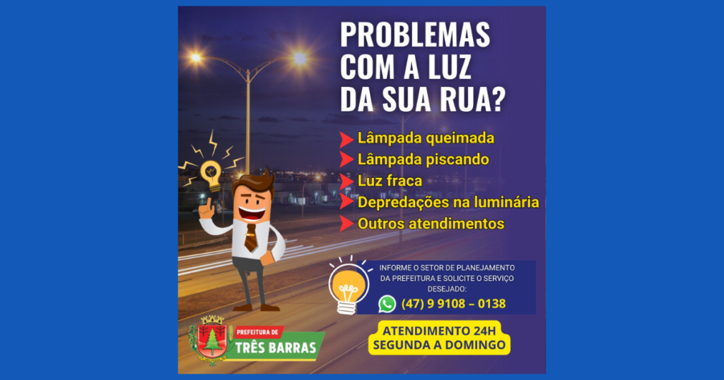 Três Barras divulga WhatsApp para solicitações de troca de lâmpadas e outros serviços de iluminação pública