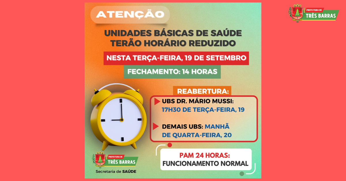 Unidades de saúde de Três Barras terão expediente reduzido nesta terça-feira, 19 de setembro