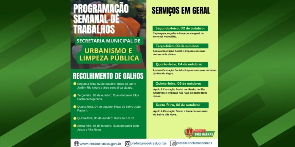 CONFIRA A PROGRAMAÇÃO SEMANAL DE TRABALHOS DA SECRETARIA DE URBANISMO E LIMPEZA PÚBLICA