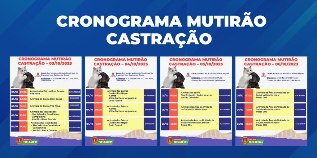 CONFIRA O CRONOGRAMA DE HORÁRIOS E LOCAIS DO MUTIRÃO DE CASTRAÇÃO SOCIAL