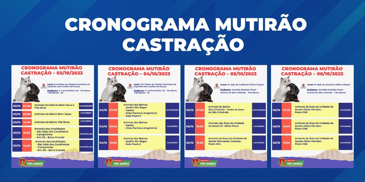 CONFIRA O CRONOGRAMA DE HORÁRIOS E LOCAIS DO MUTIRÃO DE CASTRAÇÃO SOCIAL