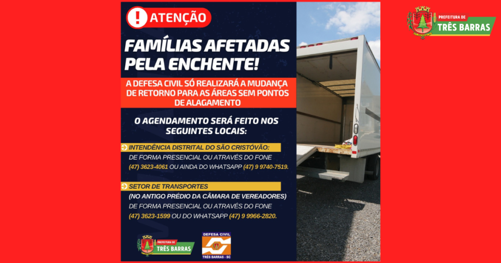 Defesa Civil prepara a volta para casa de famílias desalojadas em Três Barras; mudanças serão agendadas