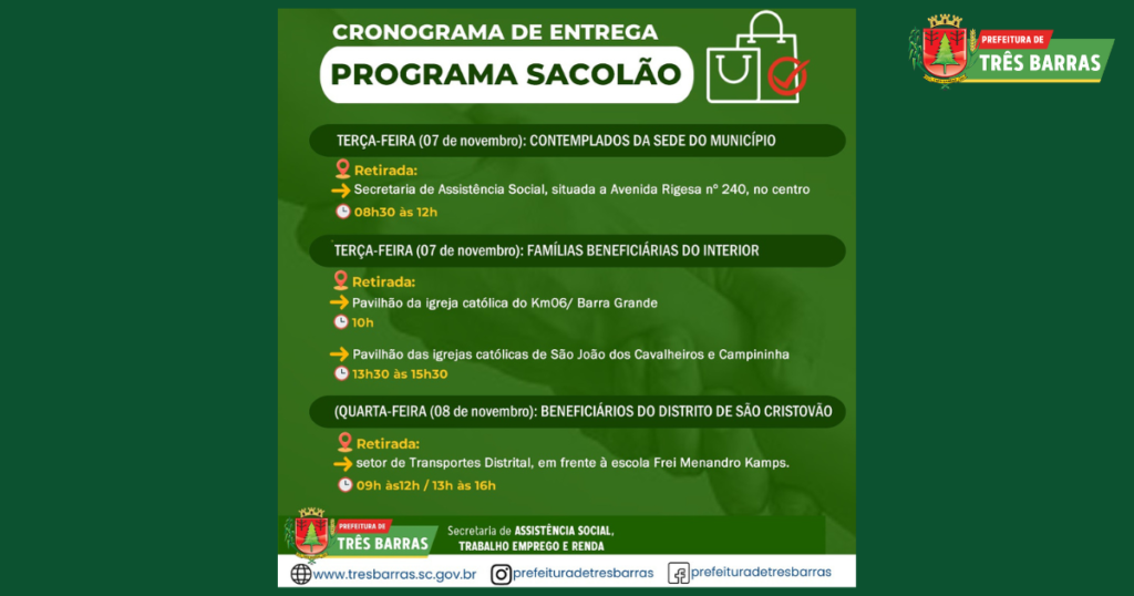 Entrega das cestas básicas do programa Sacolão acontece nos dias 07 e 08 de novembro