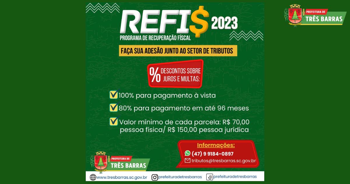 Importante: último mês para a adesão ao REFIS 2023 em Três Barras