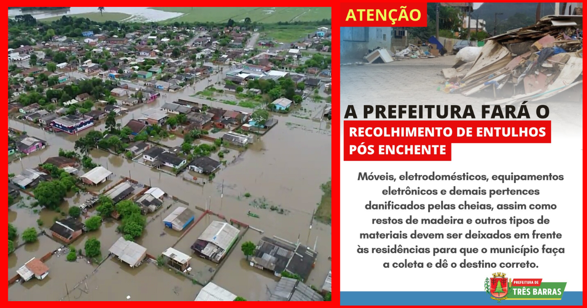 Prefeitura realiza o recolhimento de entulhos pós enchente em Três Barras; resíduos devem ser deixados em frente às casas