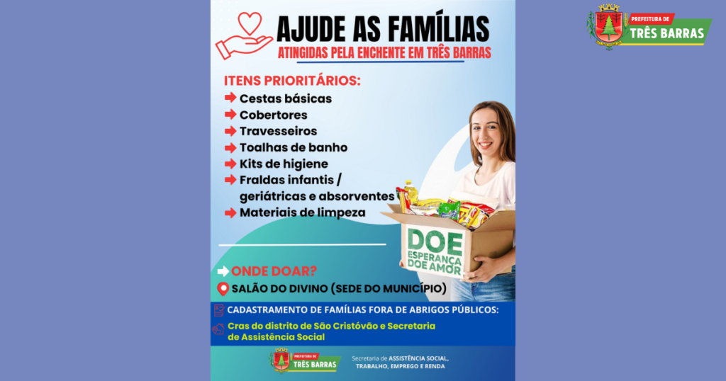 Salão do Divino concentra o recebimento de donativos em Três Barras; famílias fora de abrigos precisam se cadastrar