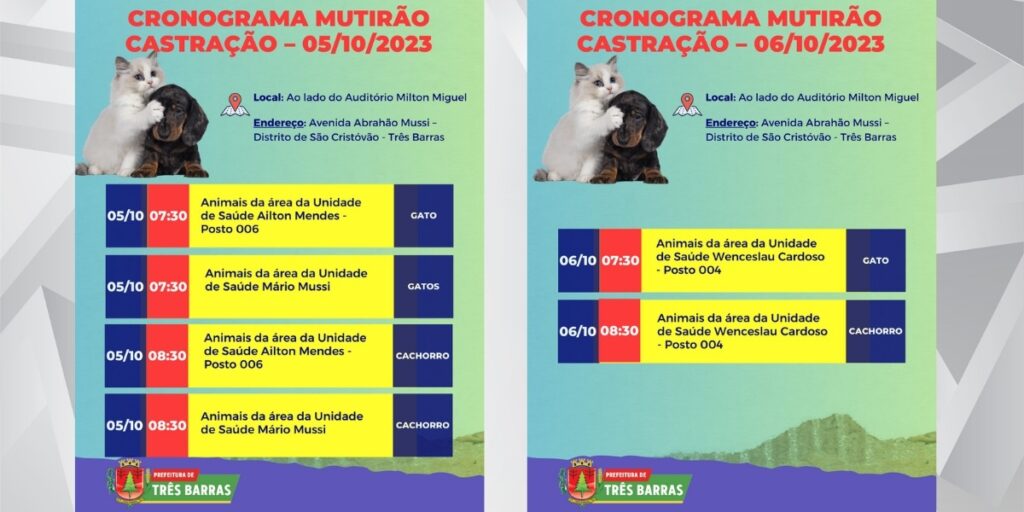 TRÊS BARRAS: CRONOGRAMA DO MUTIRÃO DE CASTRAÇÃO SOCIAL É ALTERADO NO SÃO CRISTÓVÃO