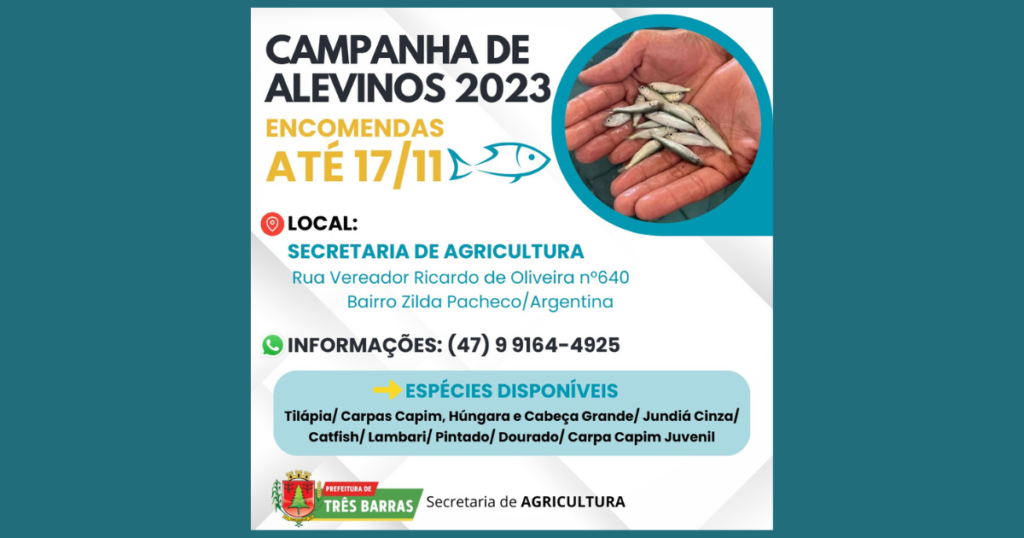 Abertas as inscrições para a aquisição de alevinos em Três Barras; encomendas seguem até o dia 17