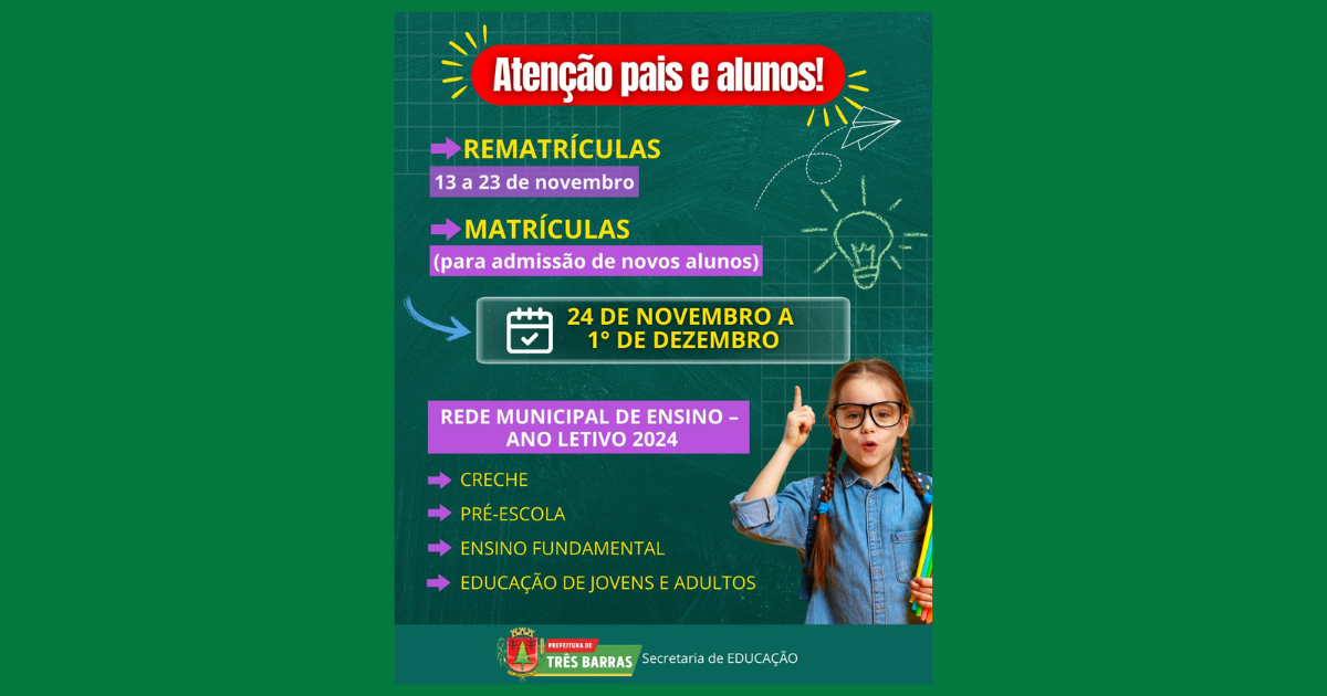 Educação de Três Barras divulga calendário para matrículas e rematrículas na rede municipal de ensino