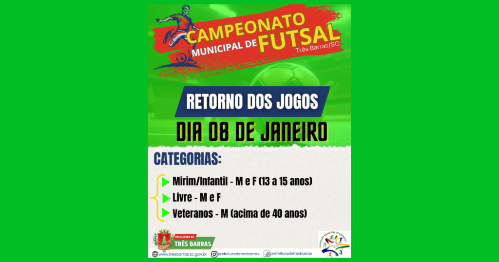 Campeonato Municipal de Futsal de Três Barras será retomado no dia 08 de janeiro; competição foi paralisada em outubro