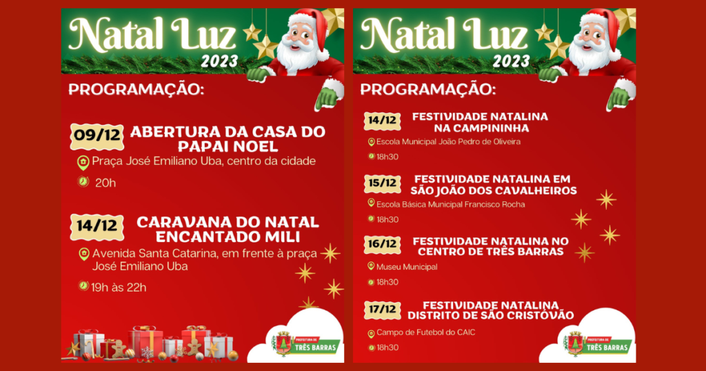 Casinha do Papai Noel será aberta neste sábado, 09, em Três Barras; festividades natalinas acontecem na próxima semana