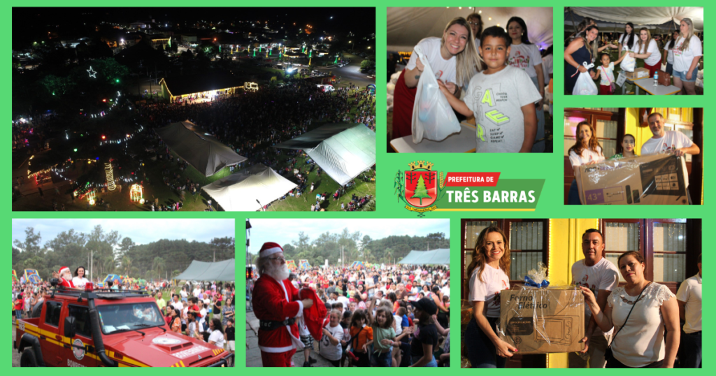 Mais de 4 mil pessoas acompanham a festividade do Natal Luz no centro de Três Barras; quase 2,1 mil crianças foram presenteadas