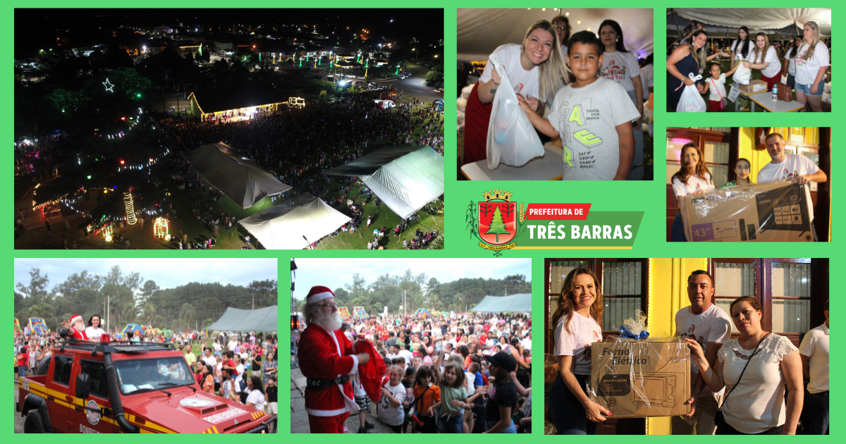 Mais de 4 mil pessoas acompanham a festividade do Natal Luz no centro de Três Barras; quase 2,1 mil crianças foram presenteadas