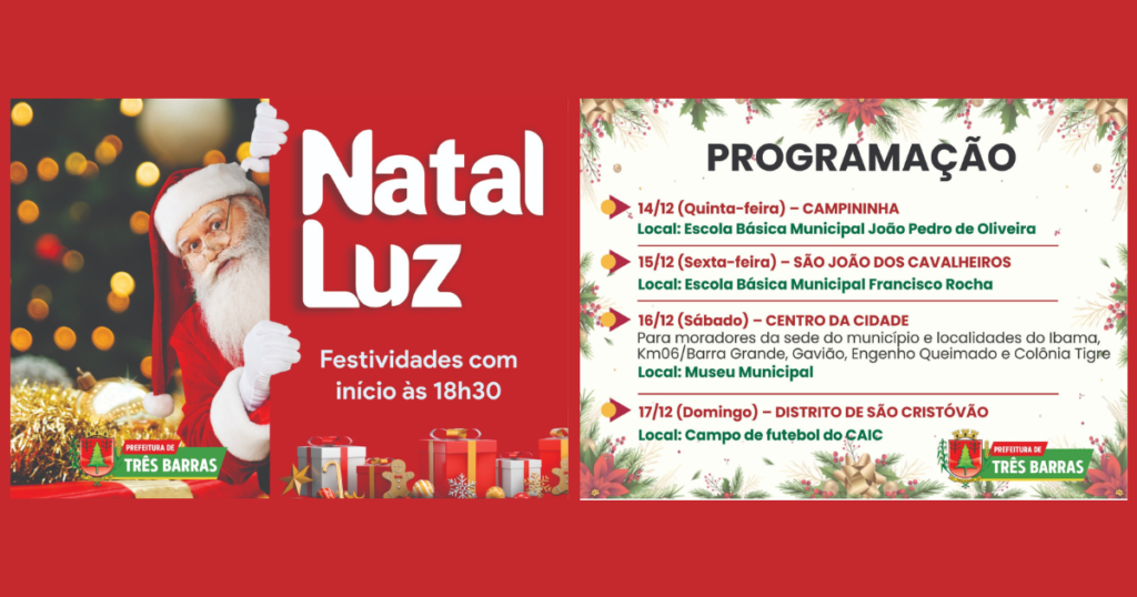 Mais de 5 mil crianças serão presenteadas no Natal Luz de Três Barras; Festividades começam nesta quinta, dia 14, pela Campininha