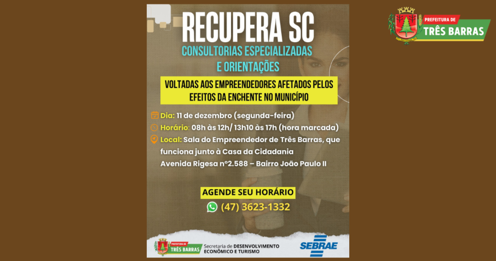 Prefeitura e Sebrae/SC realizam, no dia 11, ação de apoio com empreendedores afetados pelas enchentes em Três Barras