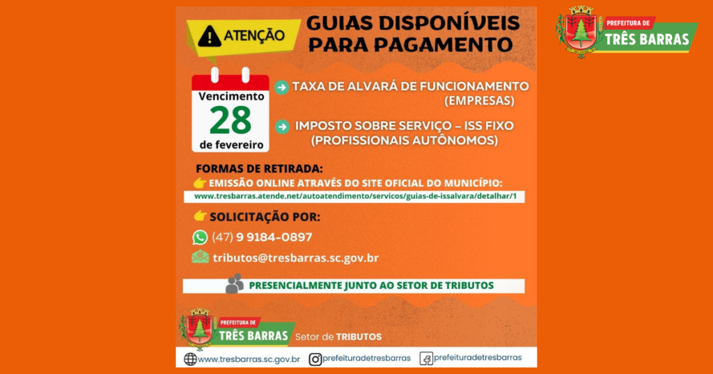 GUIAS DE TAXAS DE ALVARÁ DE FUNCIONAMENTO E DO ISS FIXO JÁ ESTÃO DISPONÍVEIS AOS CONTRIBUINTES