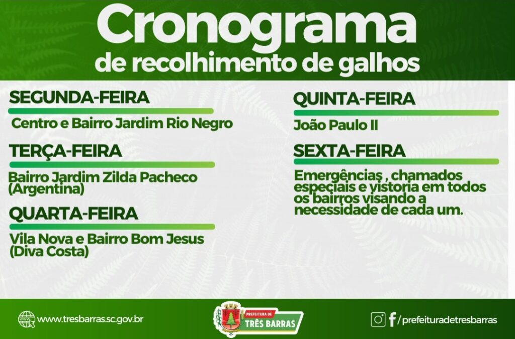 PREFEITURA DIVULGA CRONOGRAMA COM OS DIAS DO RECOLHIMENTO DE GALHOS EM TRÊS BARRAS