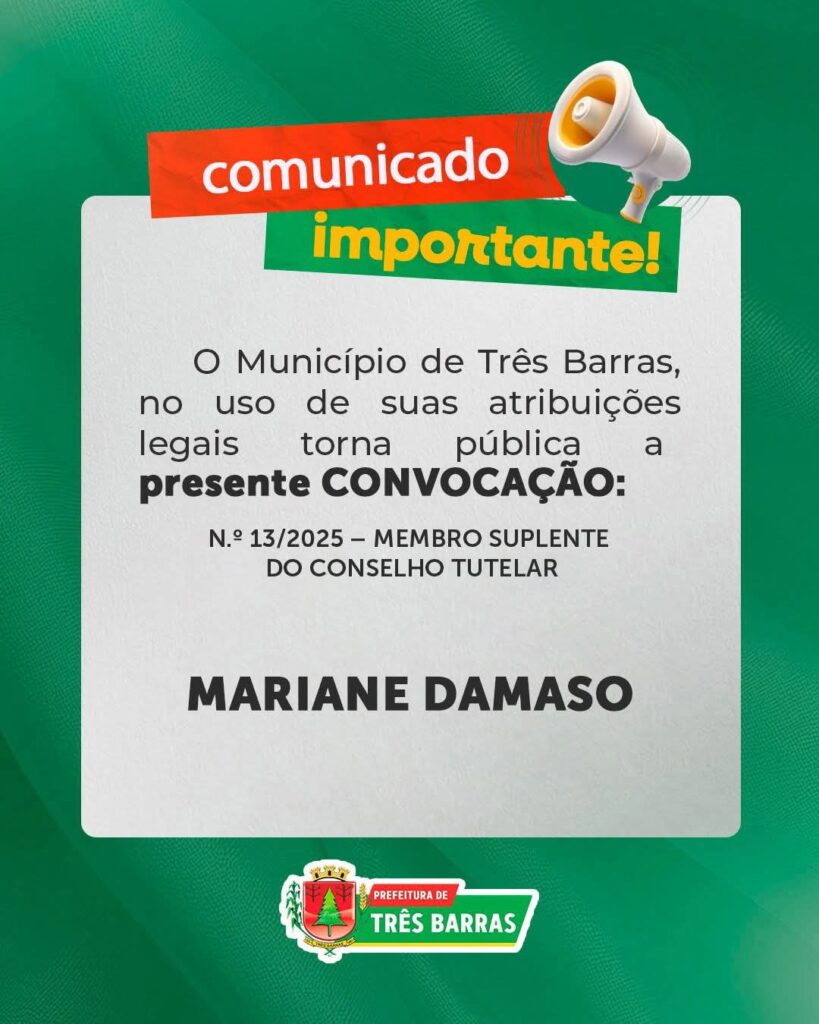 Prefeitura de Três Barras convoca Conselheira Tutelar para tomar posse do cargo