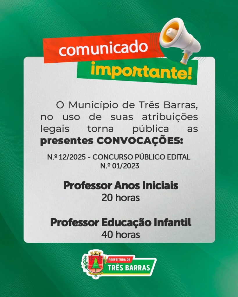 Três Barras divulga convocações de Profissionais da área da Educação