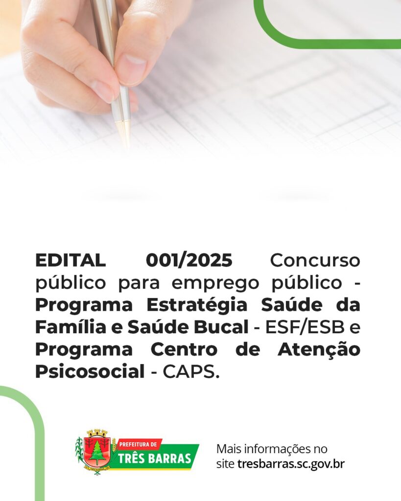 Atenção: Prefeitura de Três Barras lança Edital de Concurso Público para Emprego Público