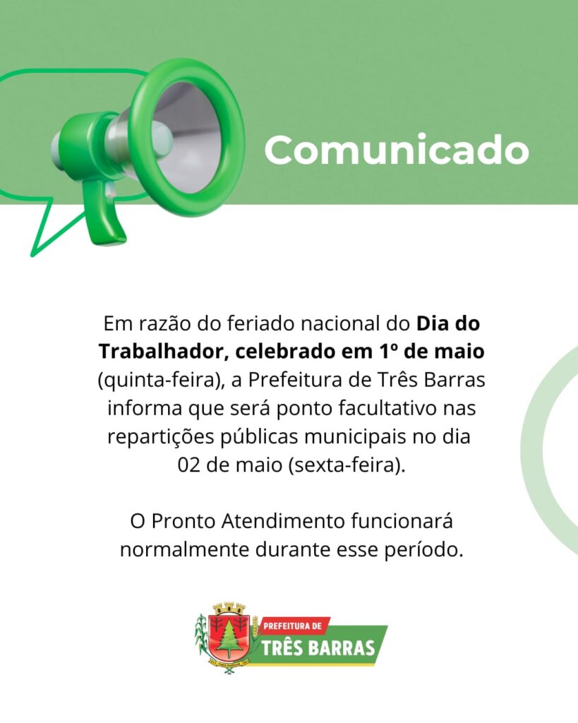Três Barras: Repartições Públicas Municipais terão Ponto Facultativo nesta sexta-feira