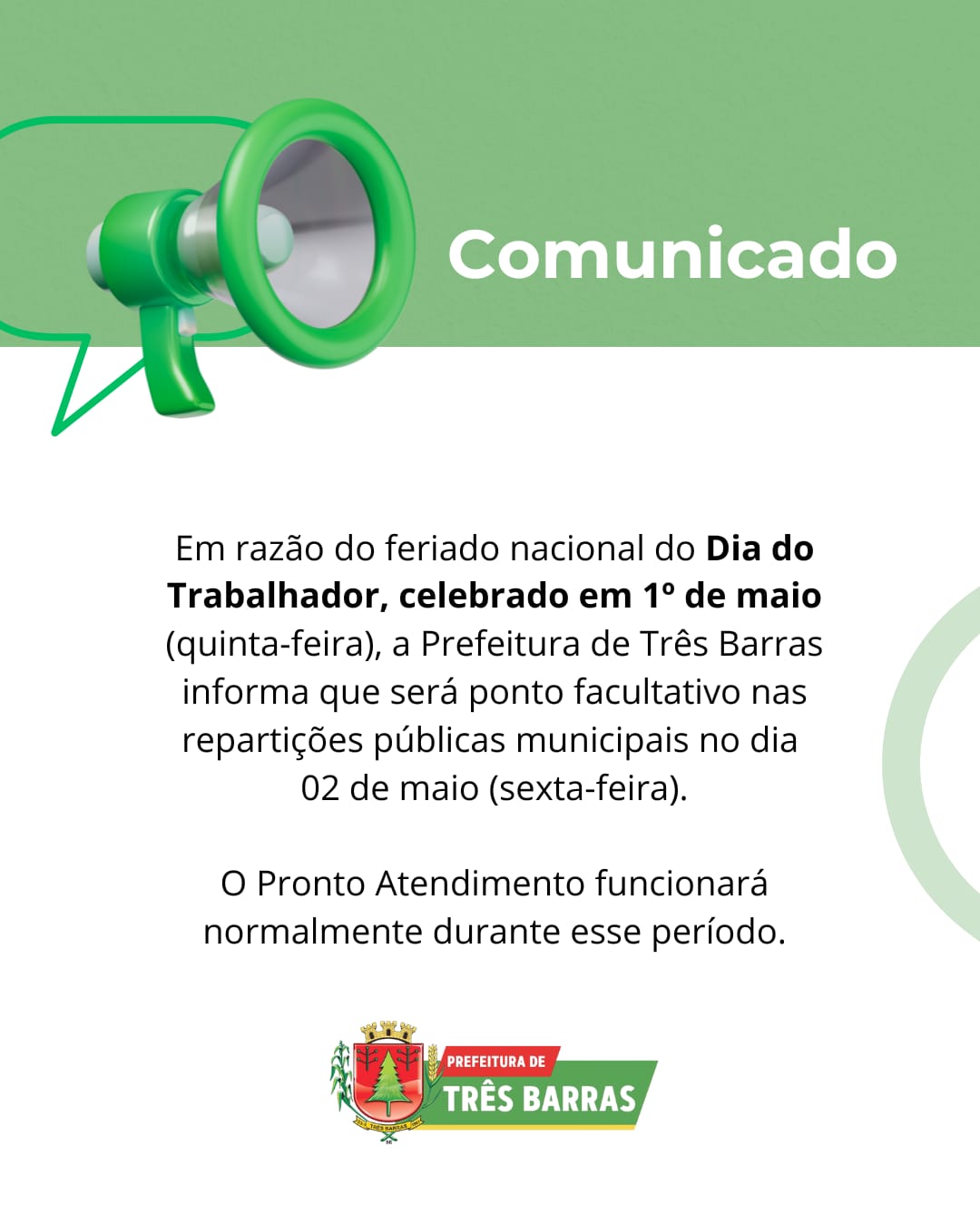 Três Barras: Repartições Públicas Municipais terão Ponto Facultativo nesta sexta-feira