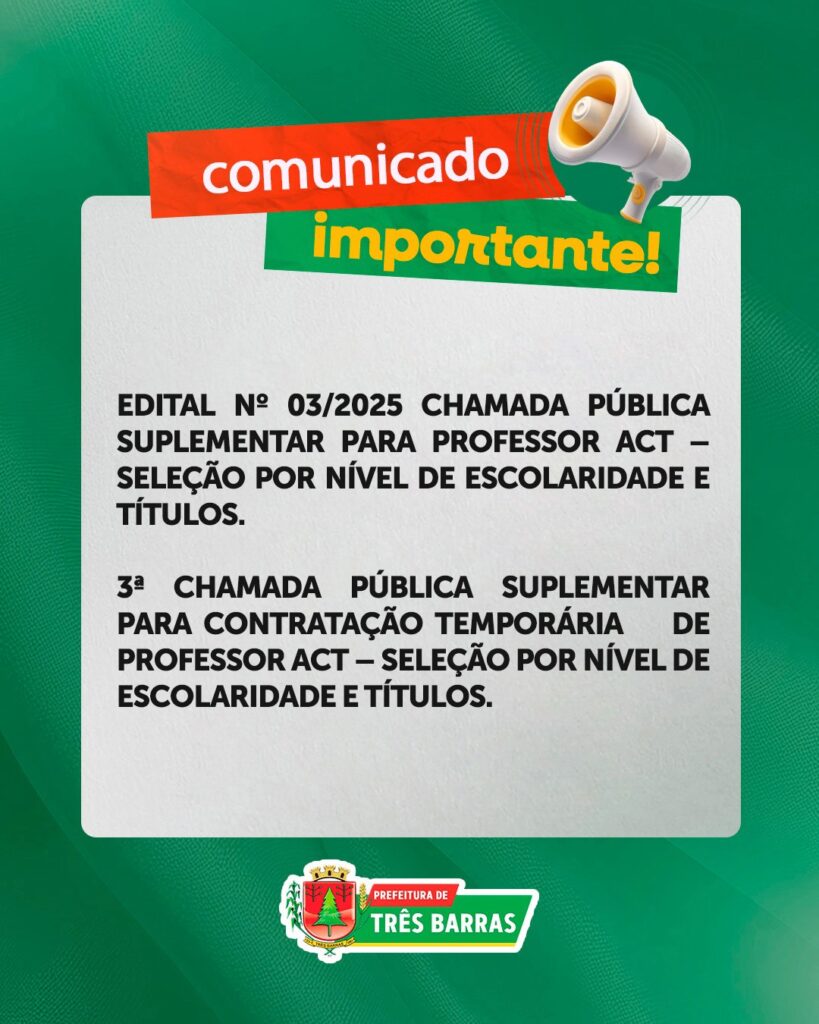 Prefeitura de Três Barras divulga Chamada Pública Suplementar para Contratação Temporária