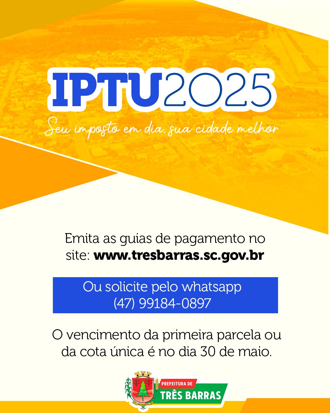 Carnês do IPTU já estão disponíveis aos contribuintes de Três Barras