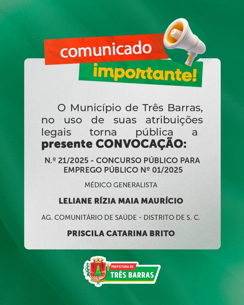 Três Barras emite convocação das candidatas aprovadas no Concurso Público para Emprego Público