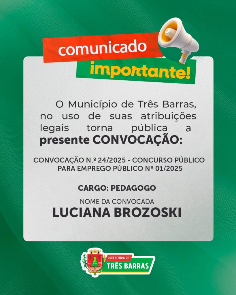 Prefeitura de Três Barras convoca candidata aprovada em Concurso Público para Emprego Público