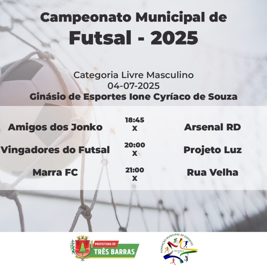 Confira os horários e partidas da 6ª Rodada do Campeonato Municipal de Futsal de Três Barras
