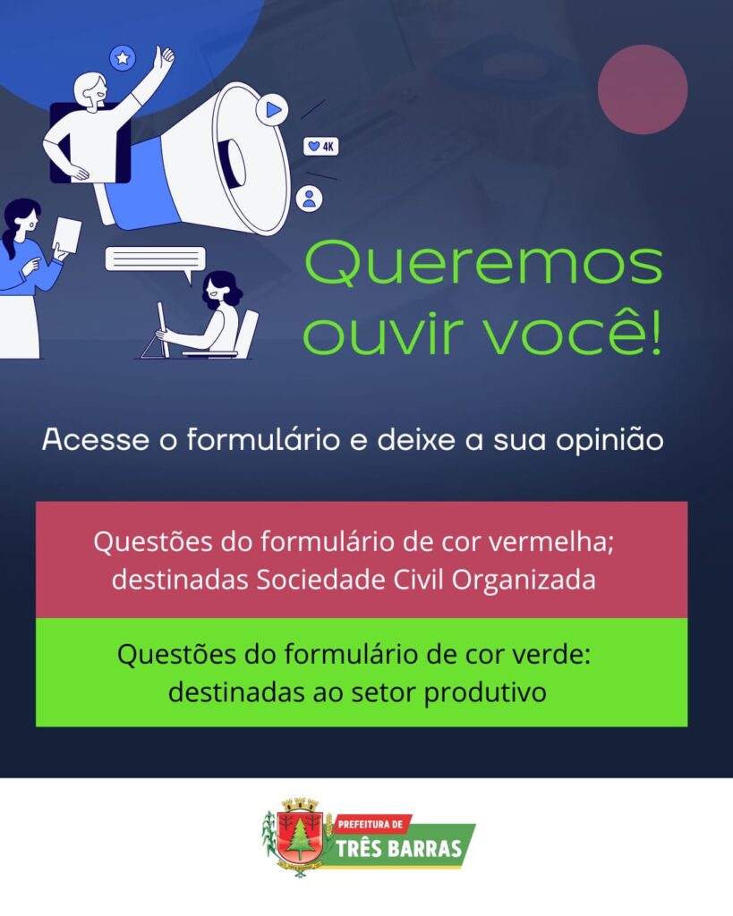 Prefeitura de Três Barras lança formulário com questionamentos relacionados a Sociedade Civil Organizada e o Setor Produtivo