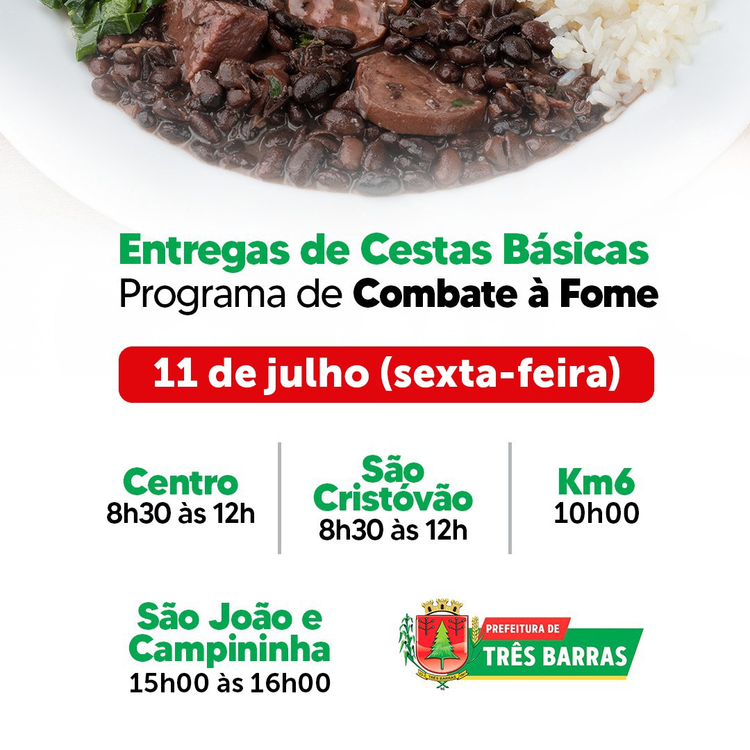 Cestas Básicas do Programa de Combate à Fome serão entregues nesta sexta-feira, 11, em Três Barras