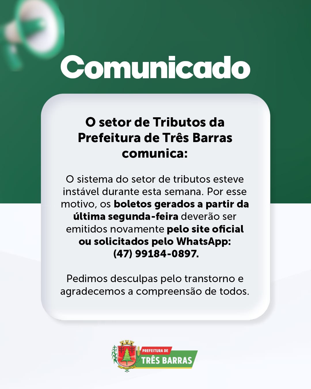 Setor de Tributos de Três Barras divulga emissão de boletos gerado durante instabilidade no Sistema