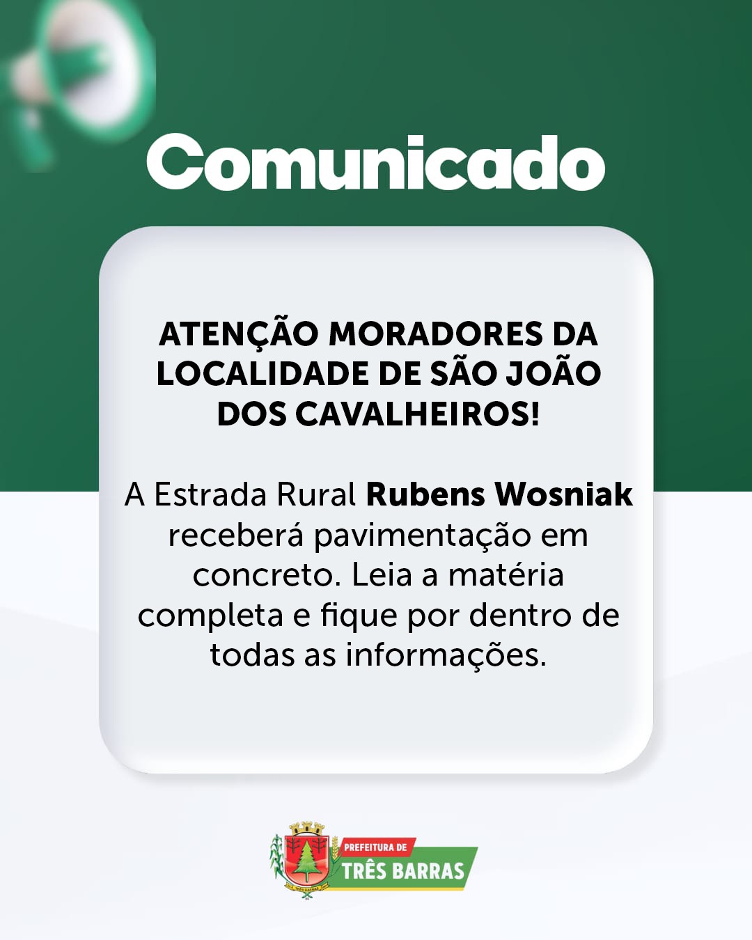 Estrada Rural da Localidade de São João dos Cavalheiros receberá pavimentação em concreto: Trabalhos iniciam nesta terça-feira, 12 de agosto