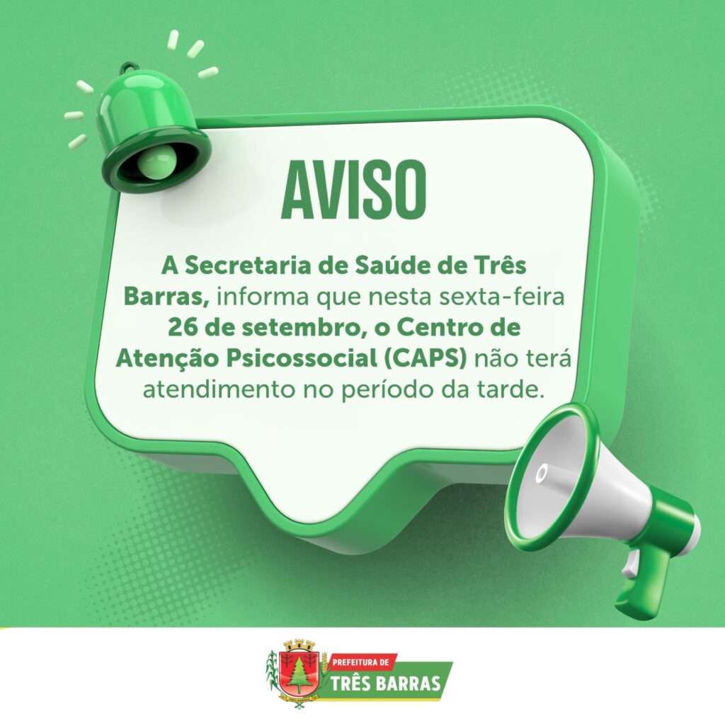 CAPS de Três Barras estará fechado na tarde desta sexta-feira, 26 de setembro CAPS de Três Barras estará fechado na tarde desta sexta-feira, 26 de setembro