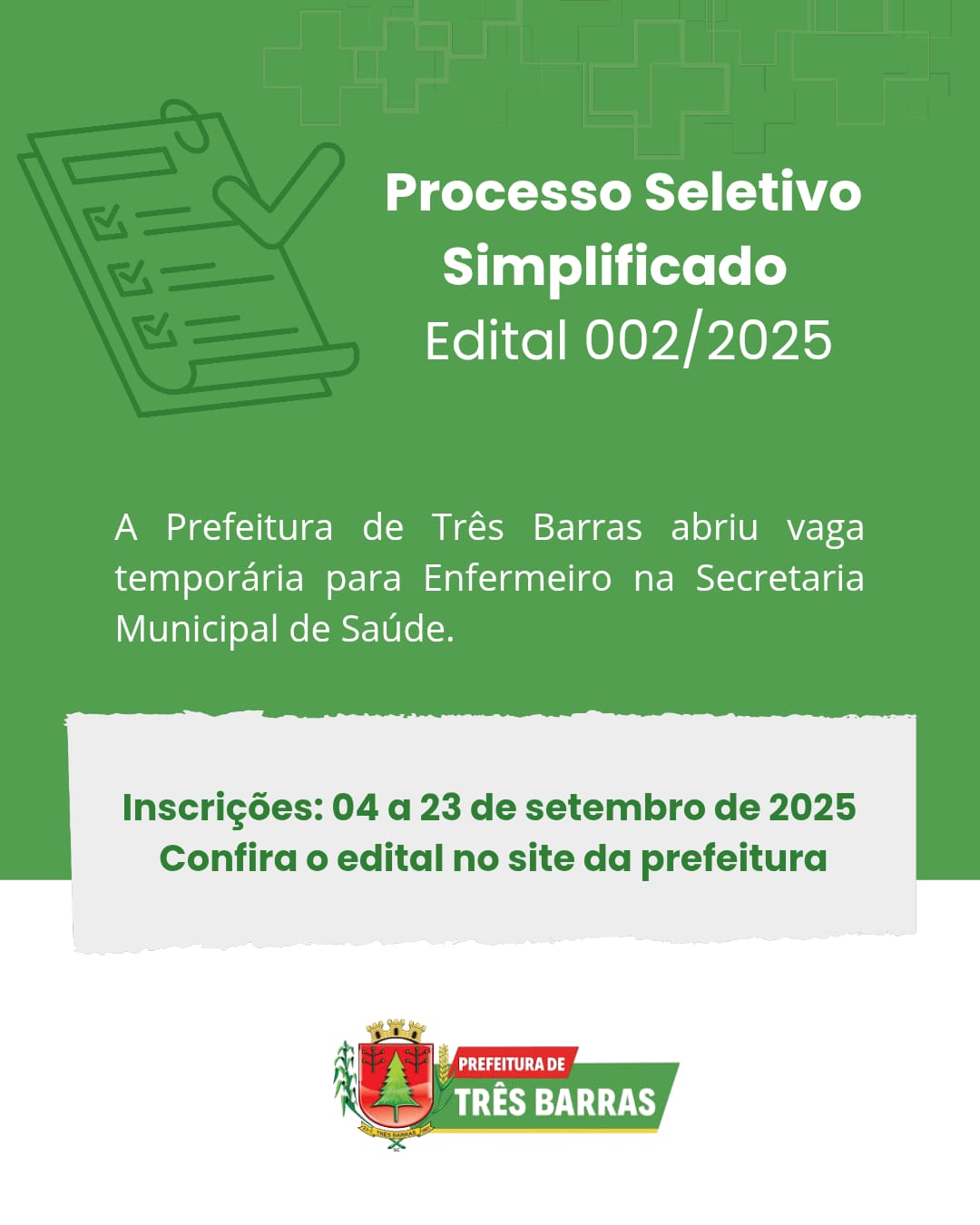 Três Barras abre vaga temporária para o cargo de Enfermeiro na Secretaria de Saúde