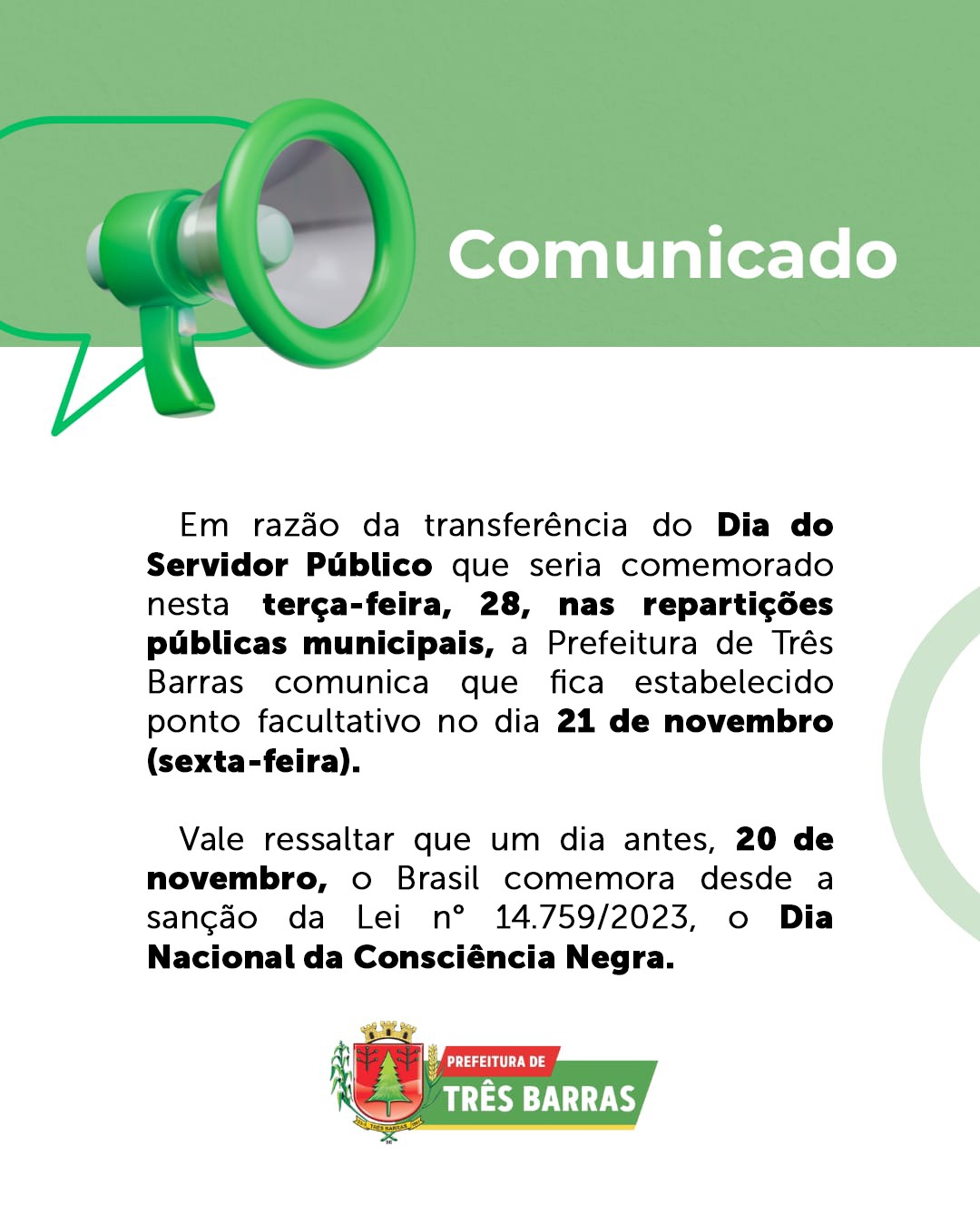 Ponto Facultativo do Dia do Servidor Público foi transferido para o dia 21 de novembro