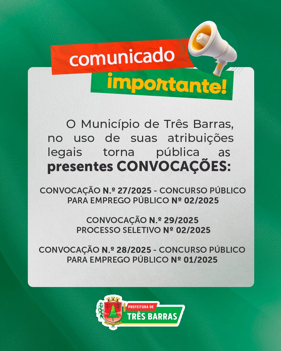 Três Barras emite convocação para candidatos aprovados em Concursos Públicos