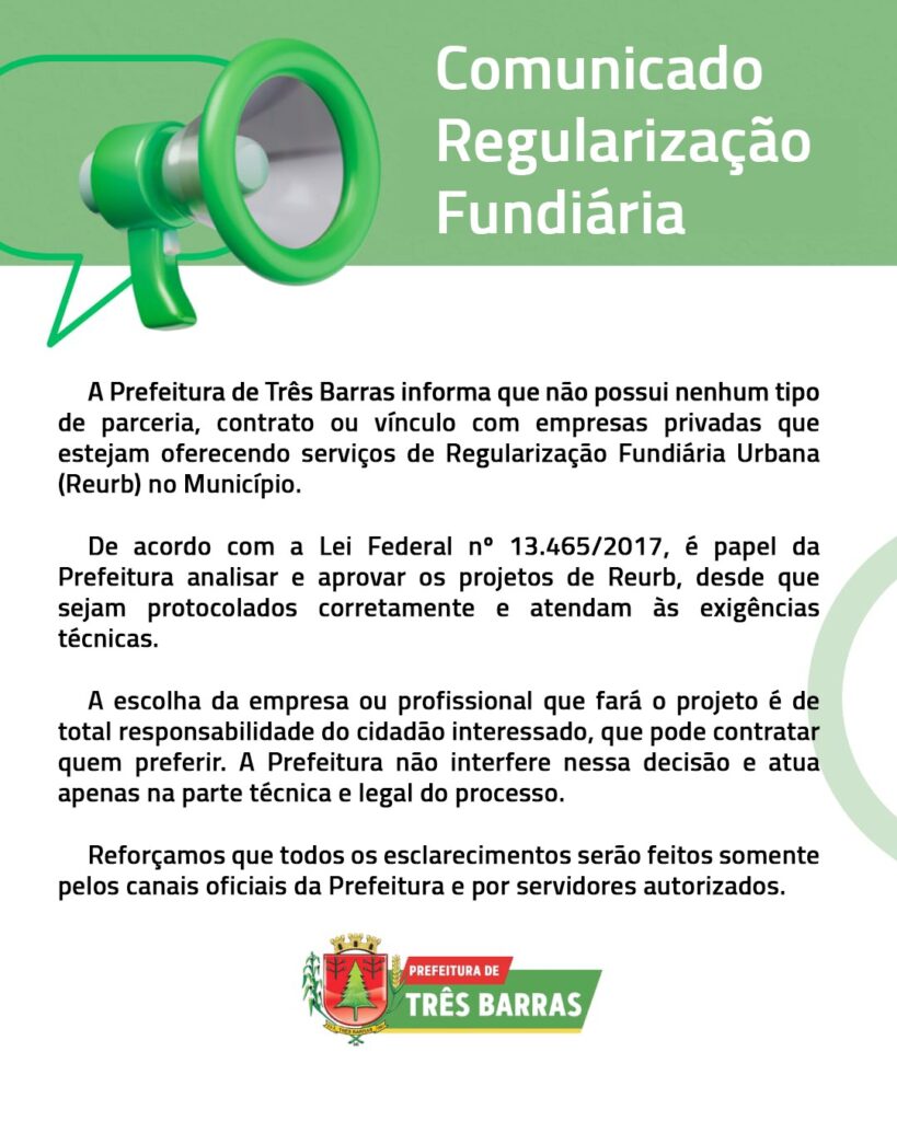 Prefeitura de Três Barras divulga comunicado sobre REURB Prefeitura de Três Barras divulga comunicado sobre REURB