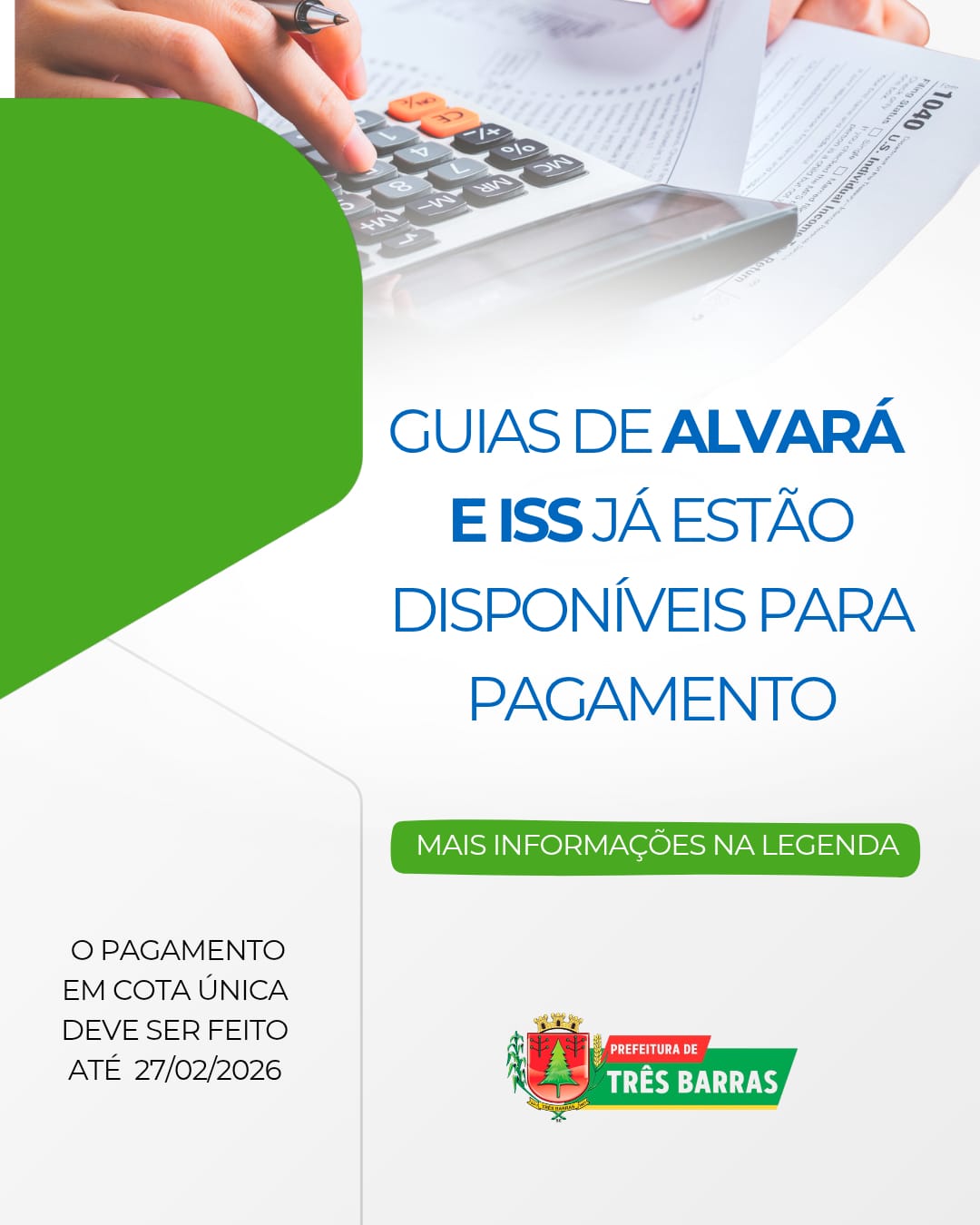 Três Barras: Guias para pagamentos de taxas de Alvarás e de Impostos Sobre Serviço já estão disponíveis para retirada