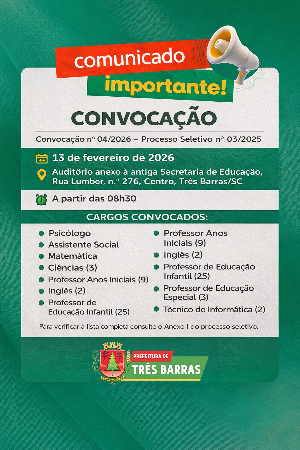 Prefeitura de Três Barras convoca candidatos aprovados nos Processos Seletivos