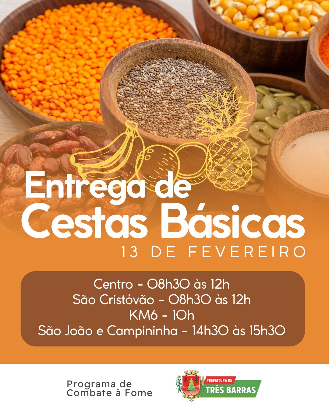 Cestas básicas do Programa de Combate à Fome serão entregues nesta semana, em Três Barras